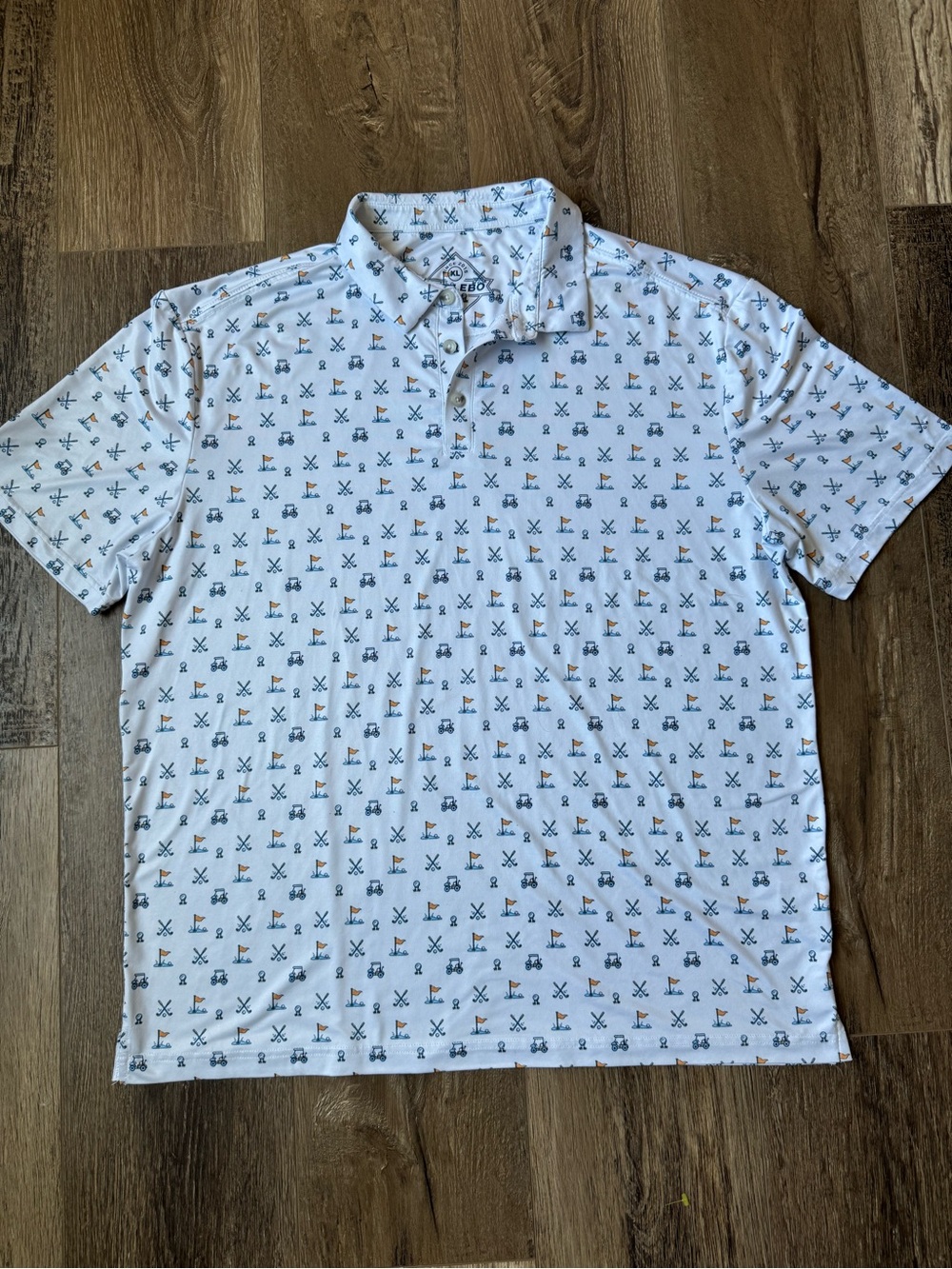 BURLEBO White Polo with Blue and Orange Golf Print